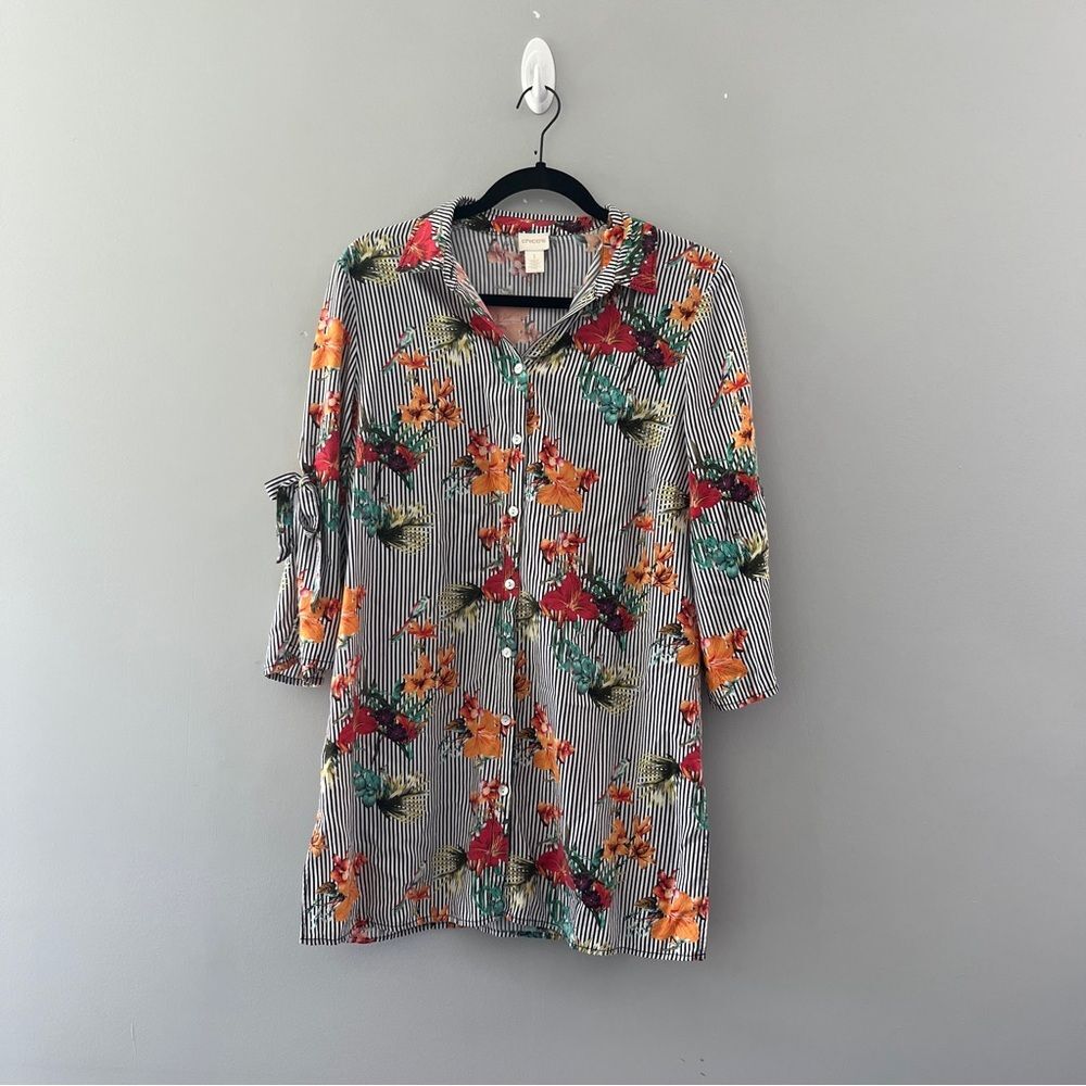 Chico's Tunic Shirt Button Up Blouse Tropical Floral Print Size Medium